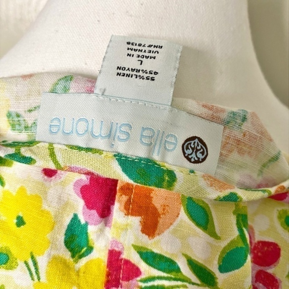 Ella Simone Linen/Rayon Blend Bright Yellow‎ Pink Floral Blouse - Picture 3 of 6